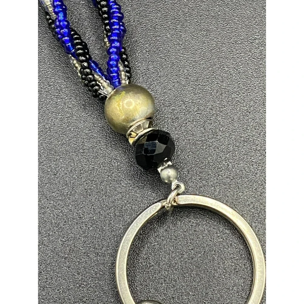 Blue Black and Clear Braided Glass Bead Lanyard